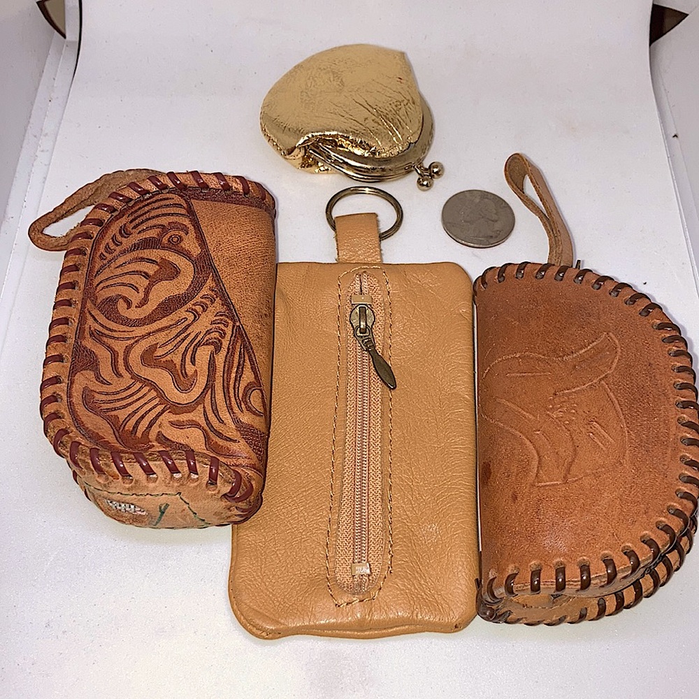 Lot of 4 vintage Coin purse Genuine leather Small golden tone